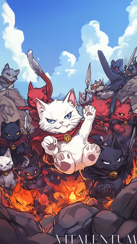 White Cat Deity Surrounded by Demonic Warriors in Flames.