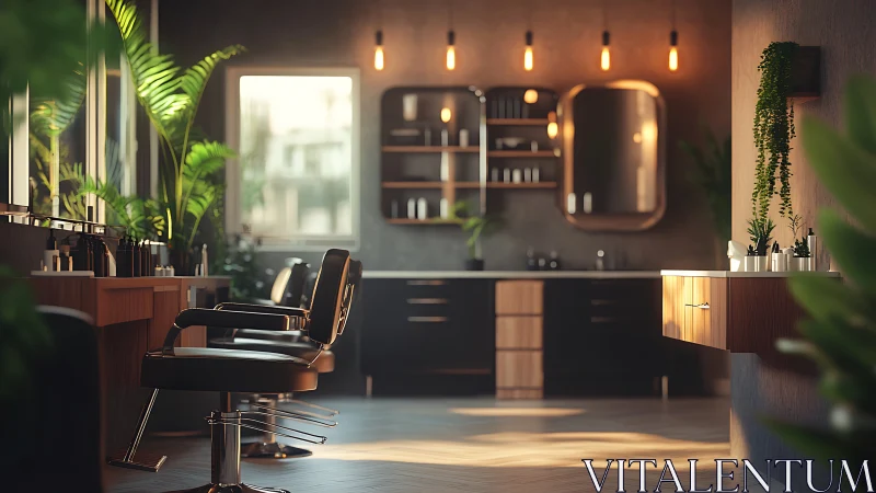 Sunlit modern barbershop interior glows with warm elegance