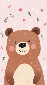 Vector stylized brown bear portrait with floral particle field.
