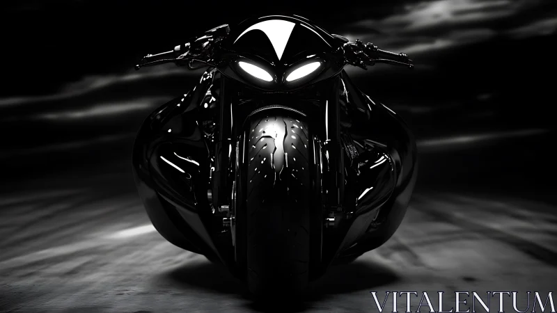 Sculpted black motorcycle silhouette gleams in cinematic light.