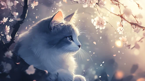 A Serene White Cat Among Blooming Cherry Blossoms.