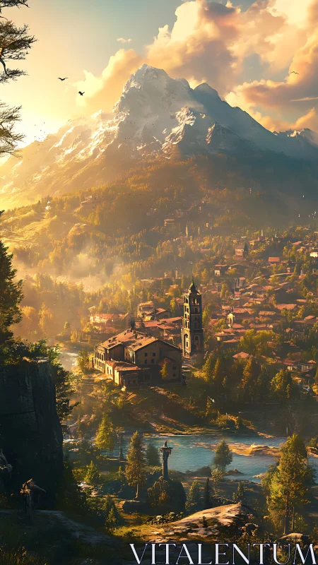 Sunlit alpine village beneath towering snowcapped peak.