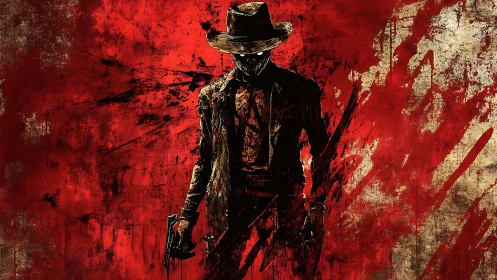 Silhouetted gunman in hat against distressed red field.