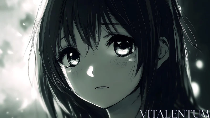 Monochrome anime portrait with reflective teary eyes focus.