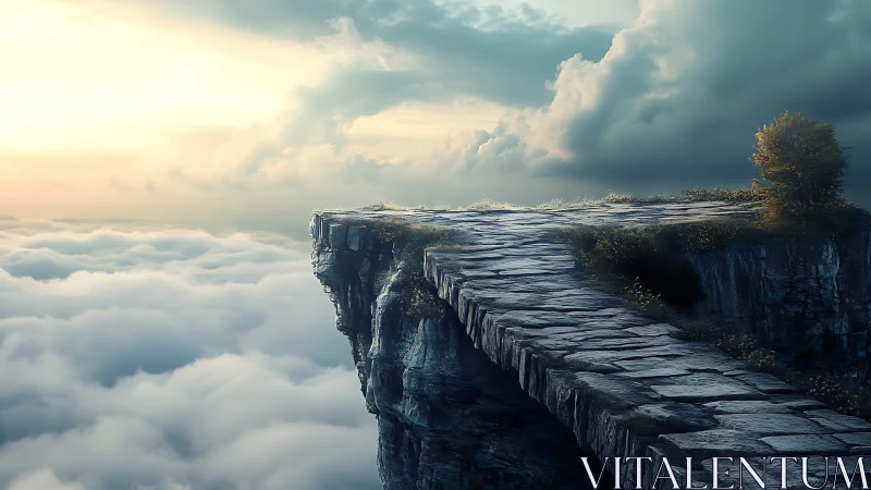Stone cliff walkway above stratocumulus cloud deck at sunrise