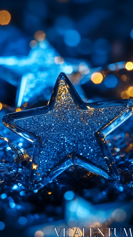 Glittering glass star ornament in deep blue bokeh light.