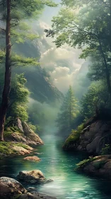 Misty river canyon framed by tall trees and cliffs.