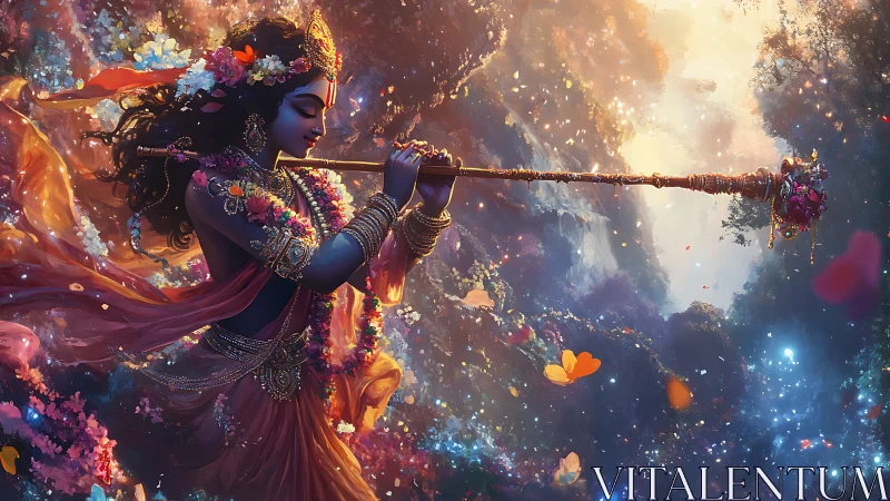 Flute-borne moonlit deity drifting through jeweled forest sky.