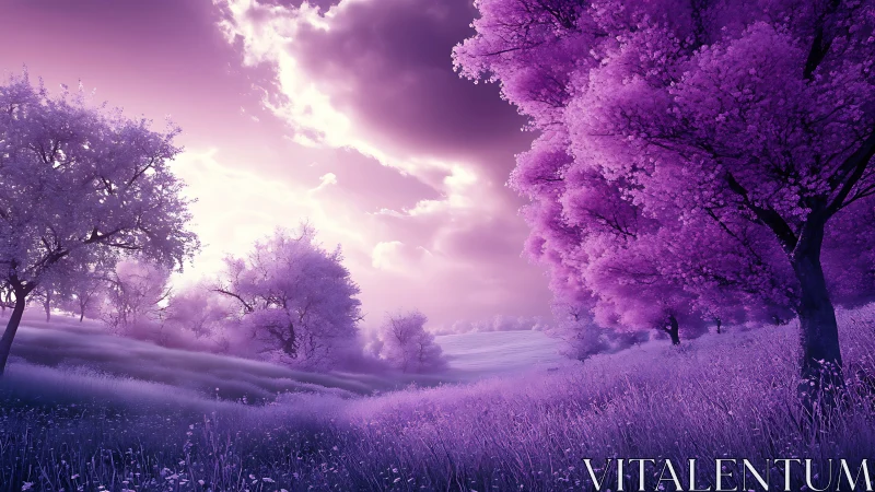 Lavender dreamscape meadow beneath glowing evening skies.