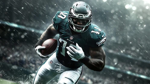 Charging through the storm, a running back owns the field.