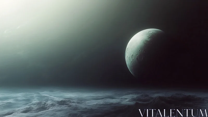 Crescent planetary body rises above an illuminated icy surface