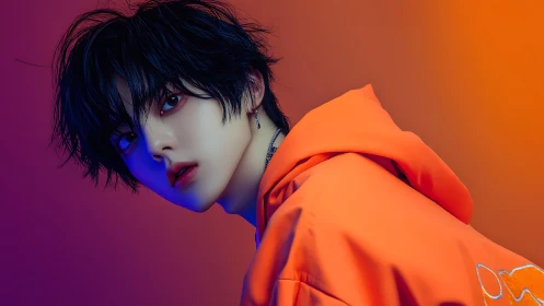 Electric neon portrait captures a moody gaze in vivid light