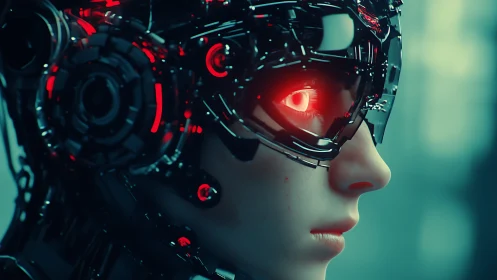 Cyborg face profile shows illuminated red cybernetic eye