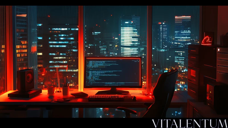 Neon coder’s high-rise sanctuary under rainwashed city lights.