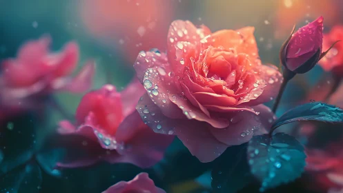 Luminous Rose Blooms with Dewdrops: Prismatic Bokeh Study.