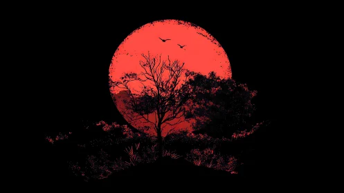 Crimson moonrise behind silhouetted forest horizon at dusk.