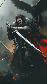 Storm-dark warrior braces as raven-shadowed steel sings