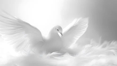 White dove with open wings on soft feathered surface.