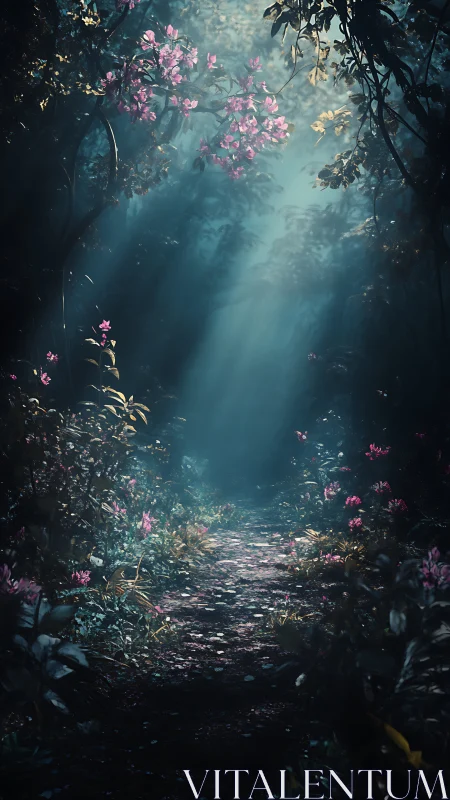Volumetric light over flowered forest path in twilight clearing