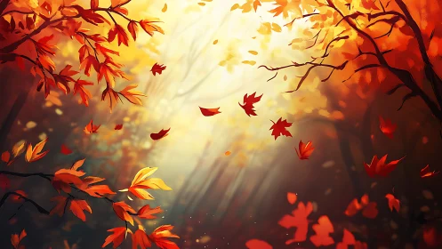 Autumn leaves whirl in golden forest lightdream radiance.