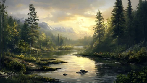 Mountain river and dense conifer forest at sunset light.