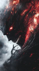 Infernal shadow titan dissolving into firestorm void.