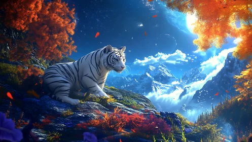 Starlit white tiger pauses where autumn cliffs meet cosmos