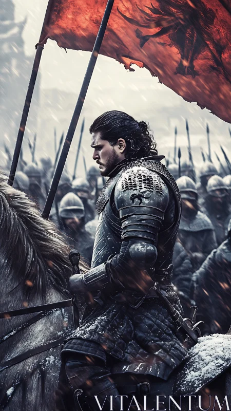 Stormbound knight rides beneath flaming war banner.