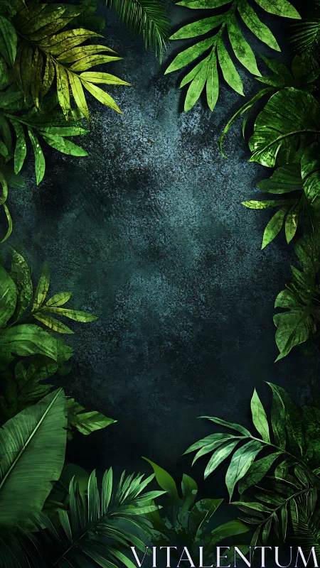 Tropical foliage border encloses textured dark background