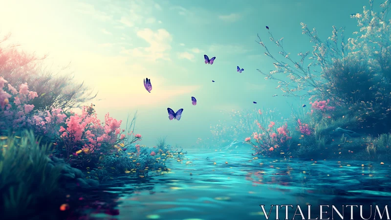 Butterflies drift above a dreamlit river of pastel bloom.