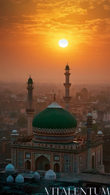 Sunlit Islamic dome and minarets dominate dense urban skyline at dusk