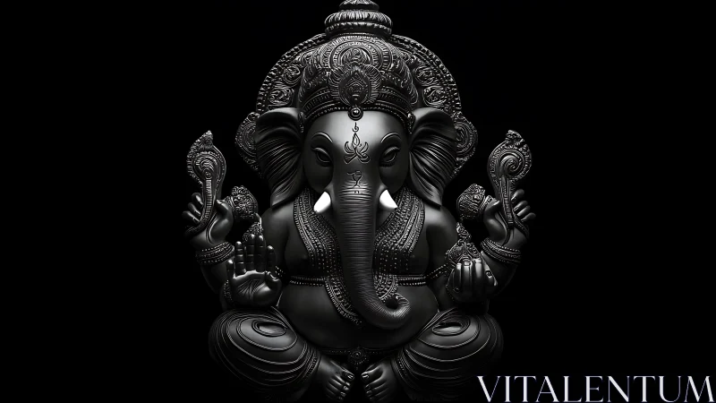 Monochrome 3D Ganesha icon in symmetric sculptural relief.