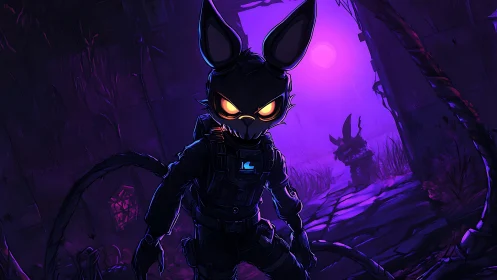 Dark cyber rabbit soldier in neon purple ruins at night.