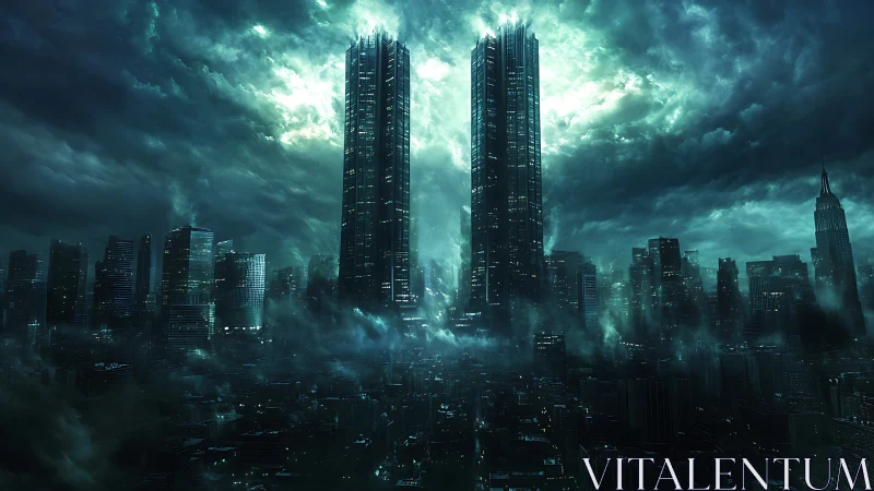 Storm-lit twin skyscrapers dominate dark futuristic city.