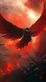 Winged power-armor seraph descending over burning battlefield.