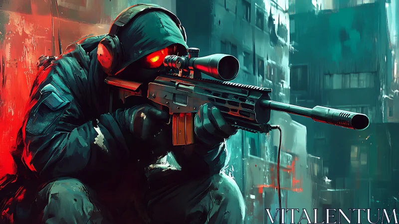 Hooded sniper with glowing eyes in neon urban alleyway.