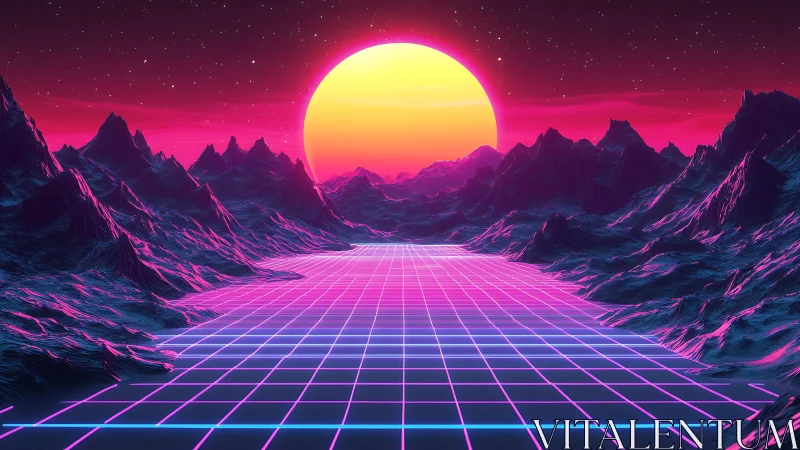 Neon grid landscape with stylized sun over dark mountains.
