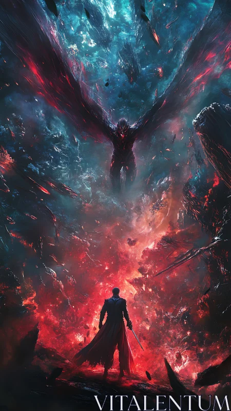 Figure stands before winged entity amid luminous chaos