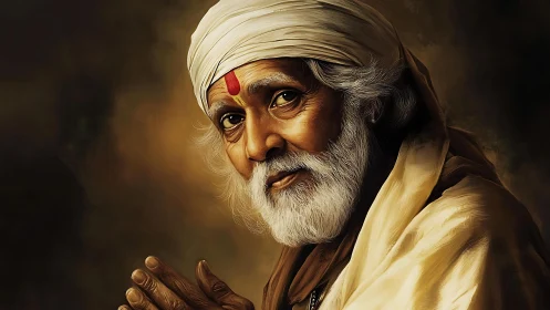 Elderly Indian man in turban with calm, folded hands pose.