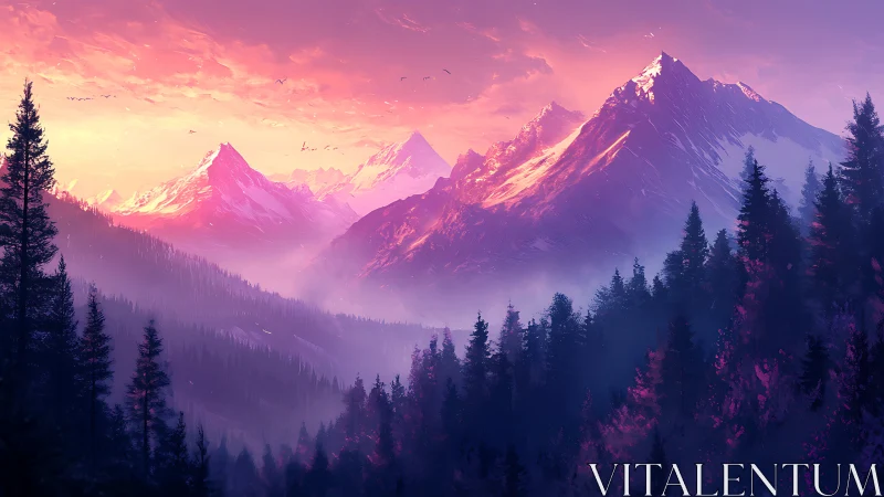 Mountain range at dusk with conifer forest in foreground.