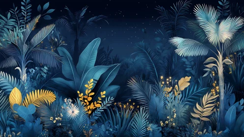 Luminous midnight jungle with stylized blue and gold foliage.