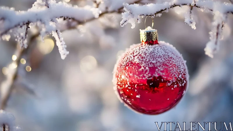 Glittering red bauble in crisp snowy winter branches bokeh.