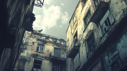 Decaying courtyard facades under muted urban daylight.