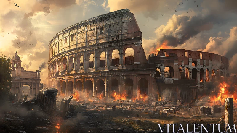 Ruined Roman amphitheater amid widespread urban fires.