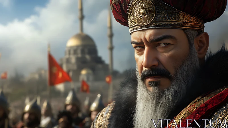 Ottoman-era military leader before domed city mosque.