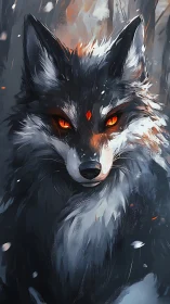 Mystic ember-eyed wolf spirit stands amid winter forest.
