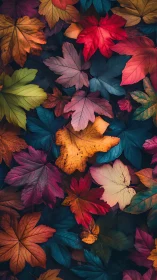 Prismatic forest leaves swirling in a quiet autumn spell.