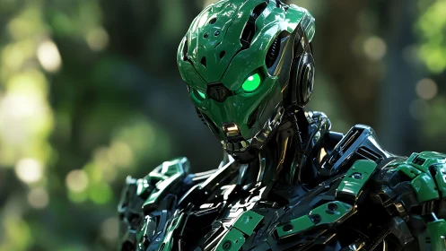 Emerald combat android with luminous eyes in forest bokeh.
