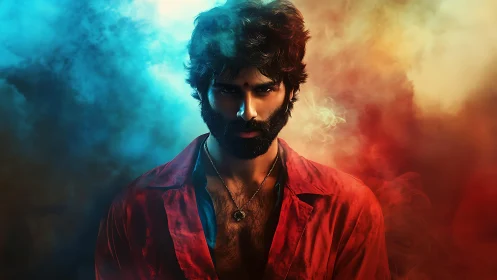 Moody male portrait with split-color volumetric smoke lighting field