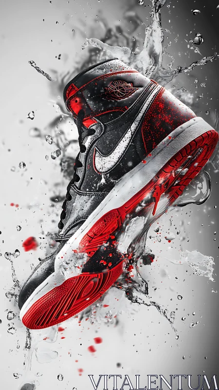 High-top athletic sneaker captured in midair splash motion